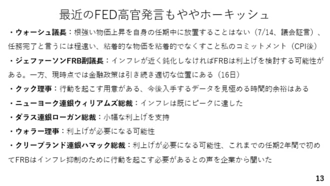 最近のFED高官発言もややホーキッシュ