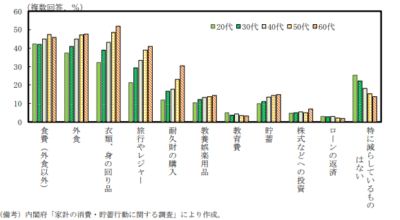 支出額を減らしている分野(年代別)を表した図表